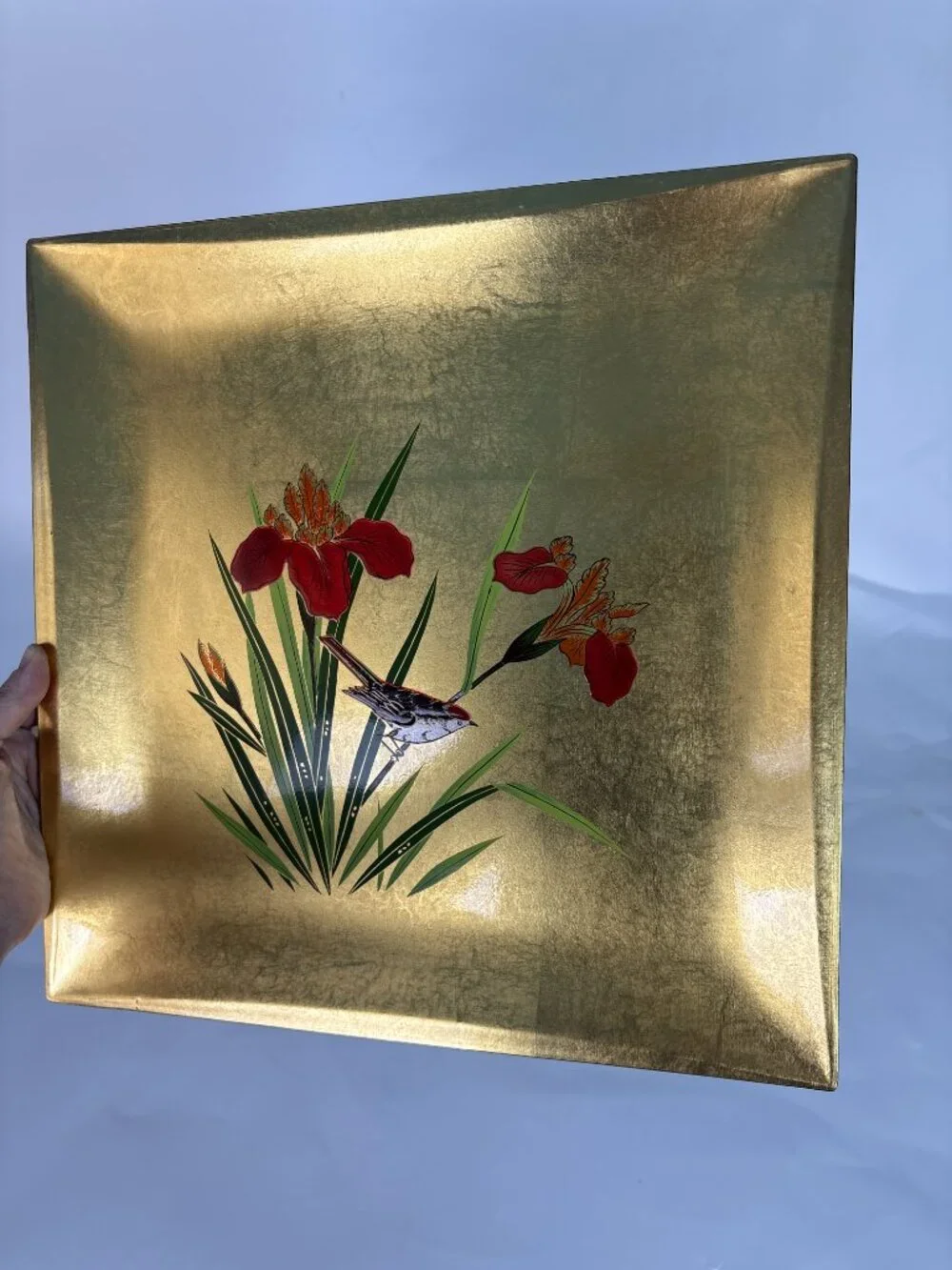 Vintage Toyo Japan Gold Lacquer Serving Tray | Mid Century Japanese Floral Bird